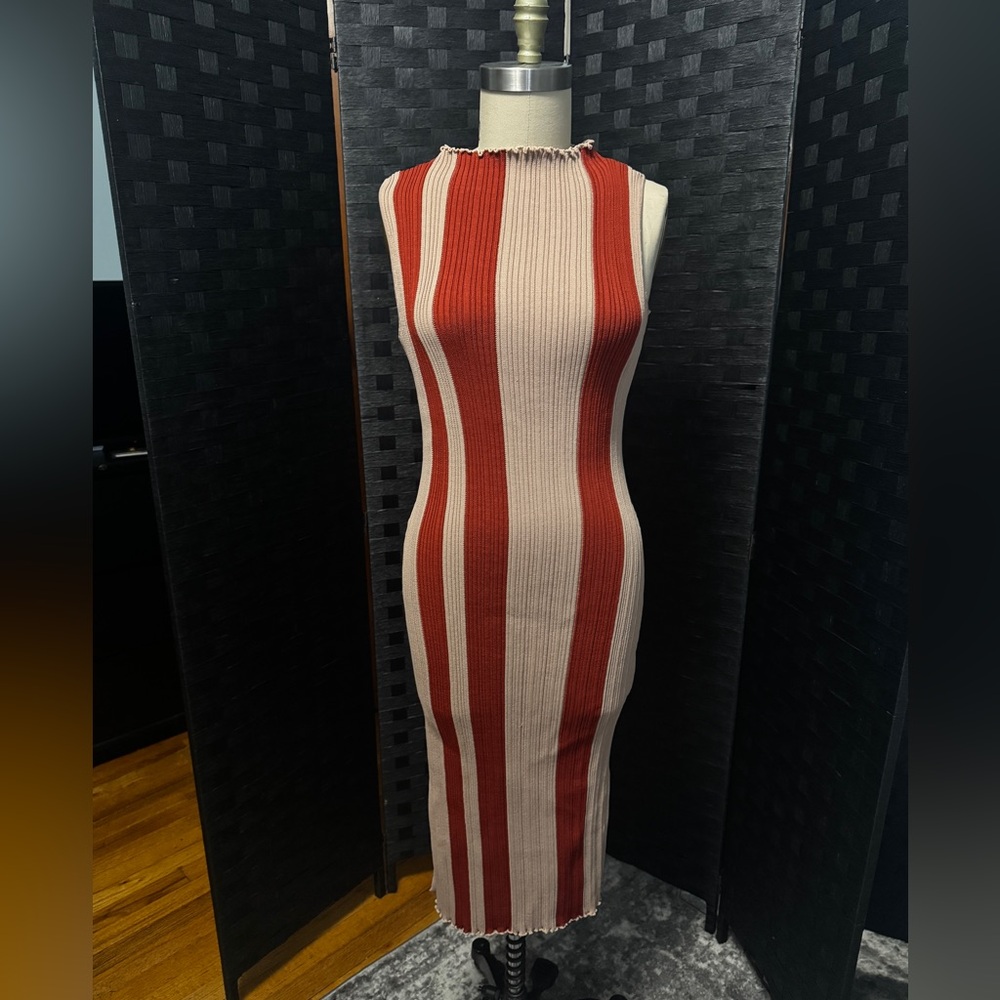 Elegant Striped Midi Dress in Red and Cream